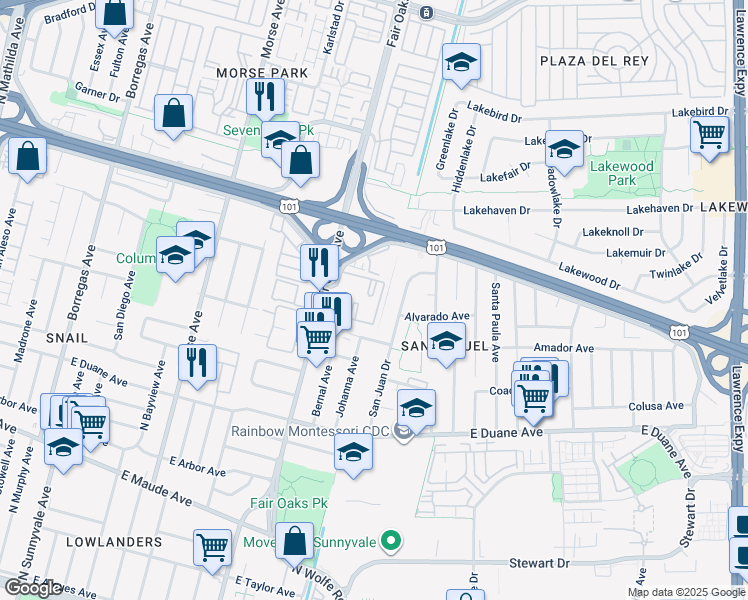 map of restaurants, bars, coffee shops, grocery stores, and more near 608 Arcadia Terrace in Sunnyvale