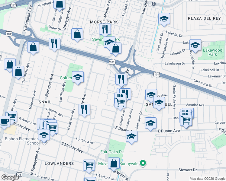 map of restaurants, bars, coffee shops, grocery stores, and more near 787 North Fair Oaks Avenue in Sunnyvale