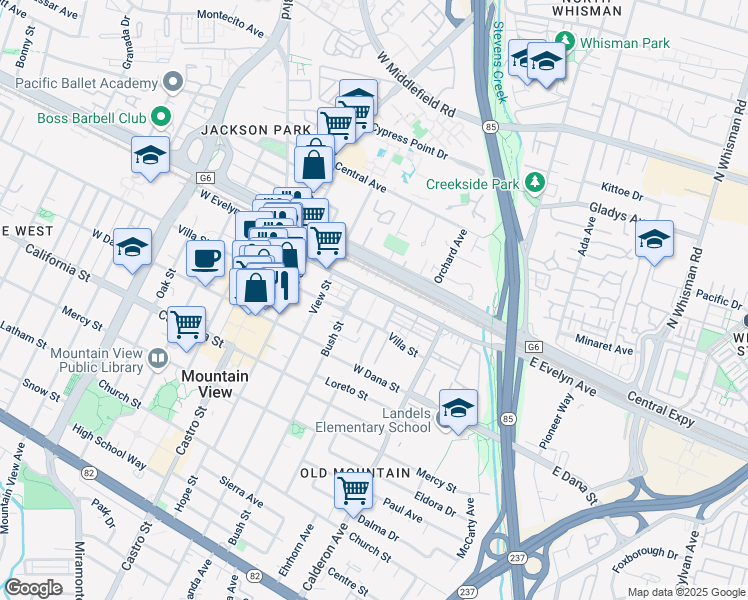 map of restaurants, bars, coffee shops, grocery stores, and more near 456 West Evelyn Avenue in Mountain View