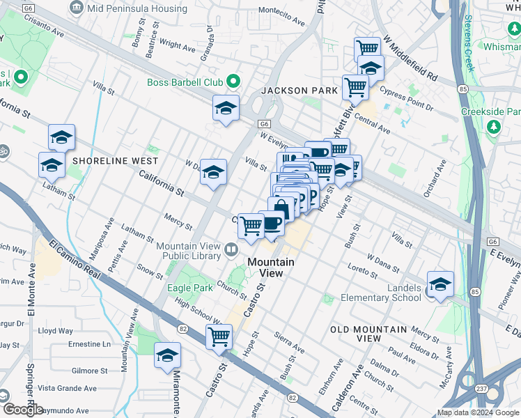 map of restaurants, bars, coffee shops, grocery stores, and more near 996 West Dana Street in Mountain View