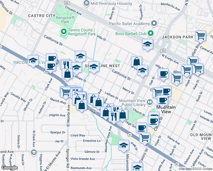 map of restaurants, bars, coffee shops, grocery stores, and more near 1548 Mercy Street in Mountain View