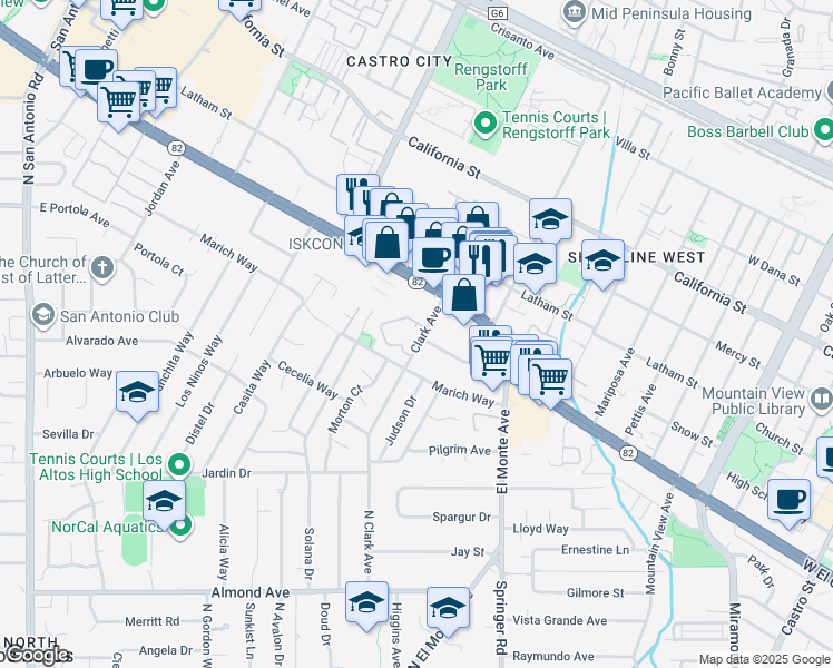 map of restaurants, bars, coffee shops, grocery stores, and more near 988 Solana Court in Mountain View