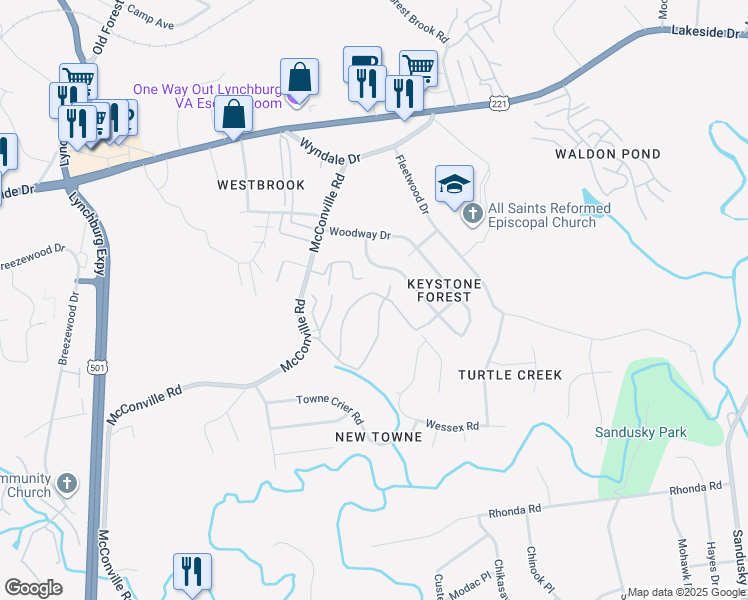 map of restaurants, bars, coffee shops, grocery stores, and more near 310 Killarney Court in Lynchburg