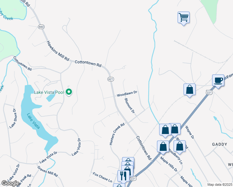 map of restaurants, bars, coffee shops, grocery stores, and more near 1601 Cottontown Road in Lynchburg