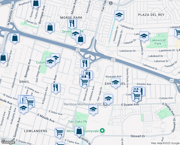 map of restaurants, bars, coffee shops, grocery stores, and more near 605 Arcadia Terrace in Sunnyvale
