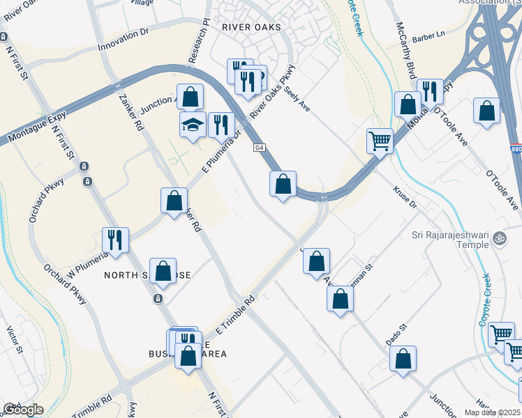 map of restaurants, bars, coffee shops, grocery stores, and more near 2566 Junction Avenue in San Jose