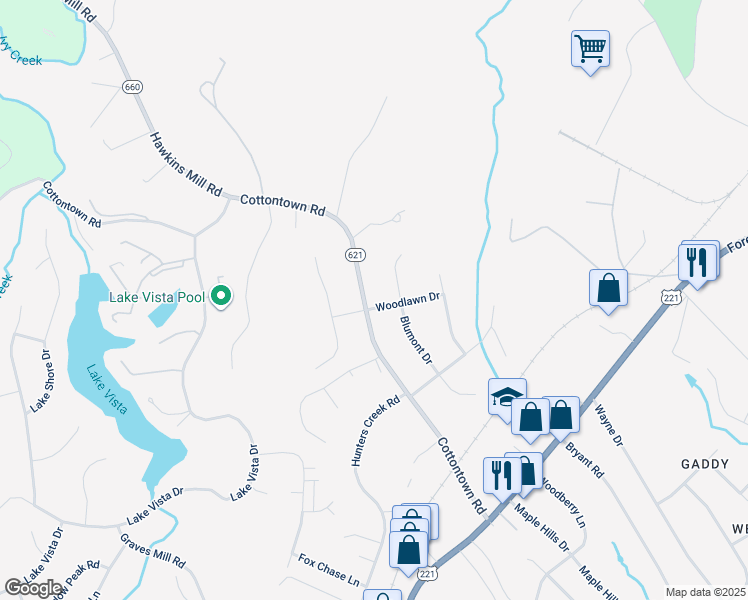map of restaurants, bars, coffee shops, grocery stores, and more near 1601 Cottontown Road in Lynchburg