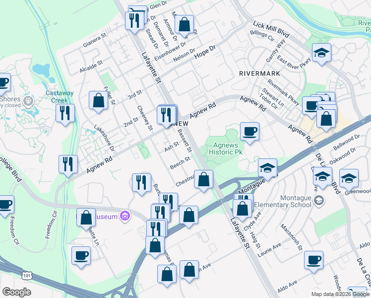 map of restaurants, bars, coffee shops, grocery stores, and more near 4150 Bassett Street in Santa Clara
