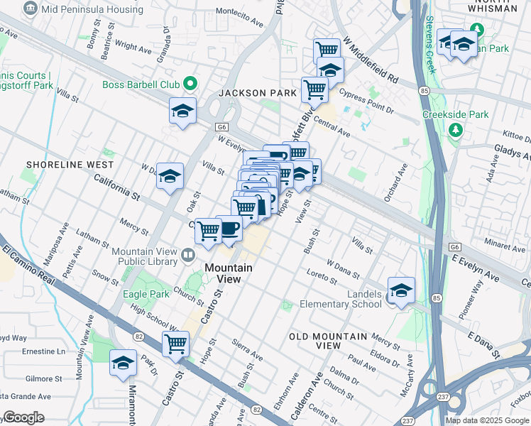 map of restaurants, bars, coffee shops, grocery stores, and more near 223 Castro Street in Mountain View