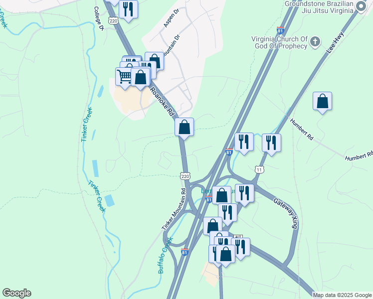 map of restaurants, bars, coffee shops, grocery stores, and more near 453 Roanoke Road in Daleville