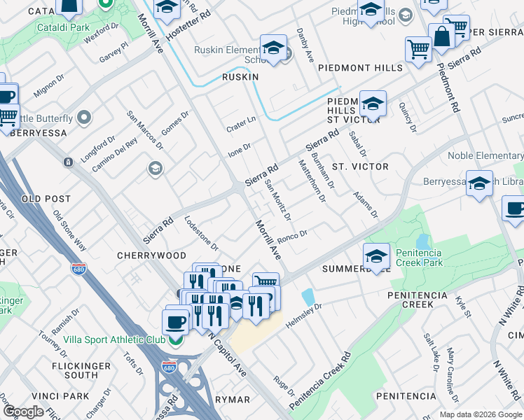 map of restaurants, bars, coffee shops, grocery stores, and more near 1215 Sierra Village Way in San Jose