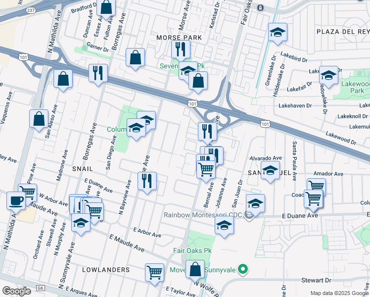 map of restaurants, bars, coffee shops, grocery stores, and more near 781 North Fair Oaks Avenue in Sunnyvale