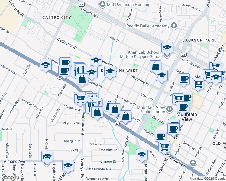map of restaurants, bars, coffee shops, grocery stores, and more near 1631 Mercy Street in Mountain View