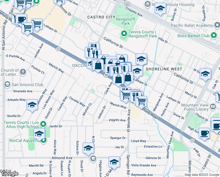 map of restaurants, bars, coffee shops, grocery stores, and more near 1945 California 82 in Mountain View