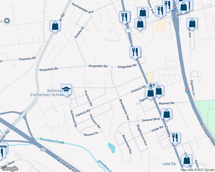 map of restaurants, bars, coffee shops, grocery stores, and more near 9467 Kerwin Road in Richmond