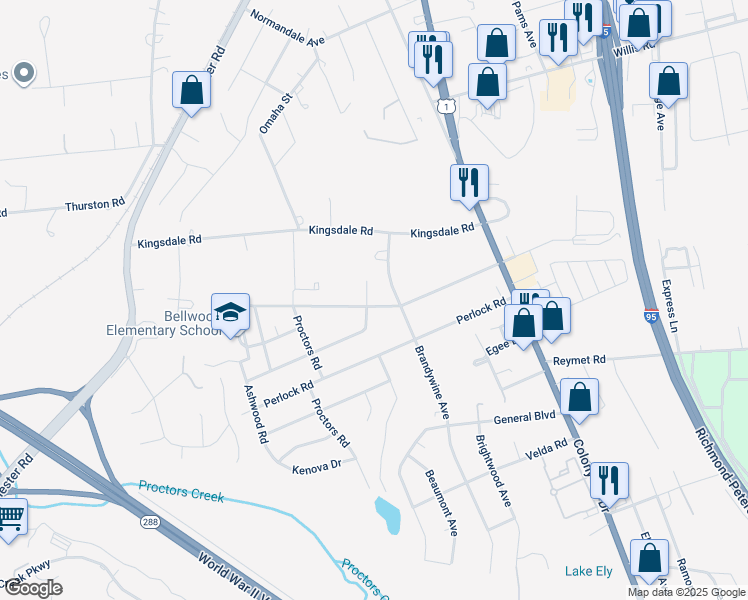 map of restaurants, bars, coffee shops, grocery stores, and more near 9467 Kerwin Road in Richmond