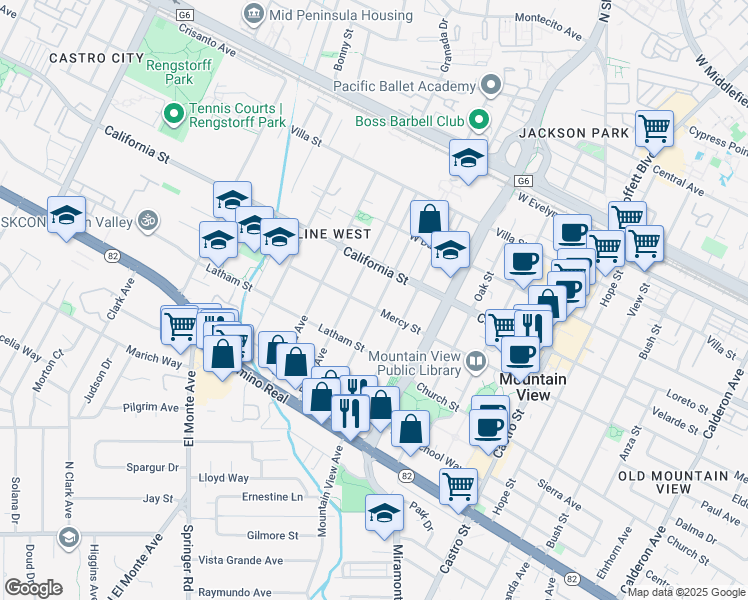 map of restaurants, bars, coffee shops, grocery stores, and more near 480 Palo Alto Avenue in Mountain View