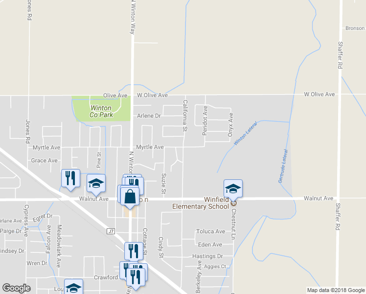 map of restaurants, bars, coffee shops, grocery stores, and more near 7249 California Street in Winton