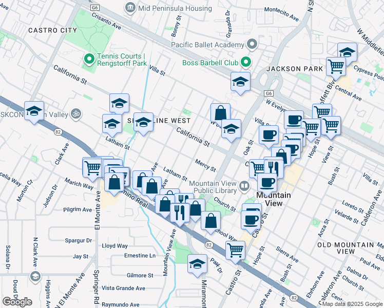 map of restaurants, bars, coffee shops, grocery stores, and more near 480 Palo Alto Avenue in Mountain View