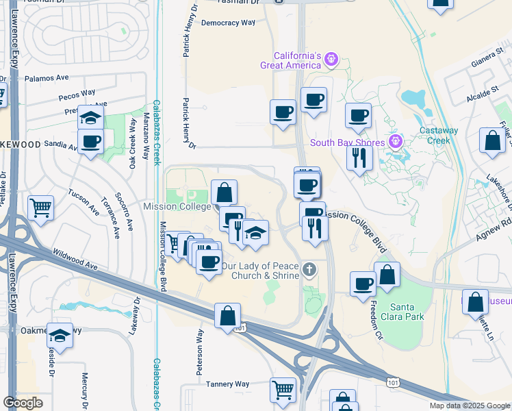 map of restaurants, bars, coffee shops, grocery stores, and more near in Santa Clara