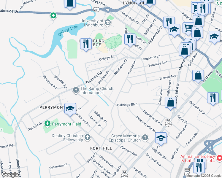 map of restaurants, bars, coffee shops, grocery stores, and more near 601 Newberne Street in Lynchburg