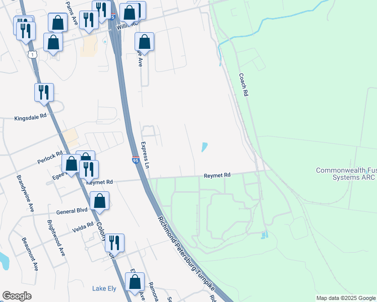map of restaurants, bars, coffee shops, grocery stores, and more near 9920 Jean Drive in Richmond