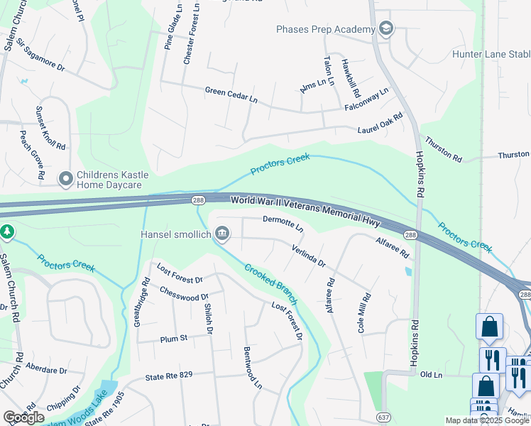 map of restaurants, bars, coffee shops, grocery stores, and more near 5212 Dermotte Lane in Richmond