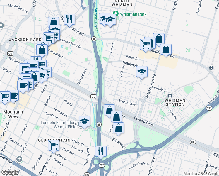 map of restaurants, bars, coffee shops, grocery stores, and more near 119 Easy Street in Mountain View