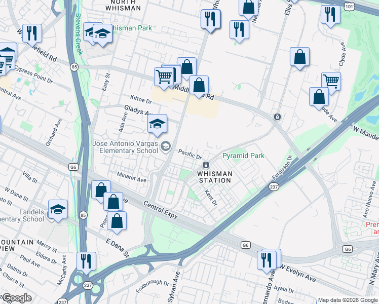 map of restaurants, bars, coffee shops, grocery stores, and more near 180 Espinosa Lane in Mountain View
