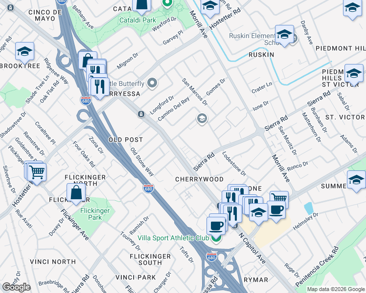 map of restaurants, bars, coffee shops, grocery stores, and more near 2415 Stearman Court in San Jose