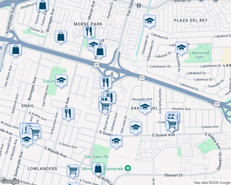 map of restaurants, bars, coffee shops, grocery stores, and more near 604 Arcadia Terrace in Sunnyvale
