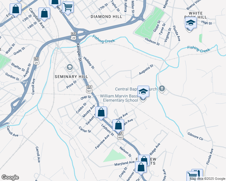map of restaurants, bars, coffee shops, grocery stores, and more near 2604 Holiday Street in Lynchburg