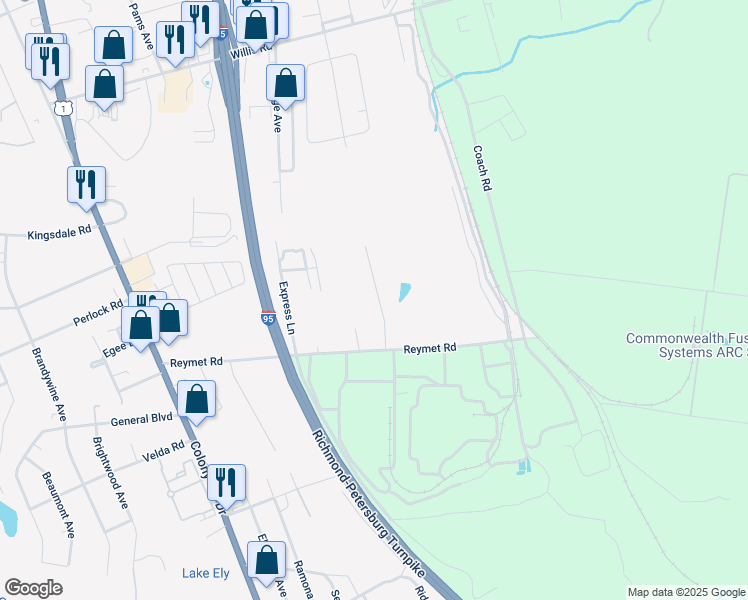 map of restaurants, bars, coffee shops, grocery stores, and more near 9920 Jean Drive in Richmond