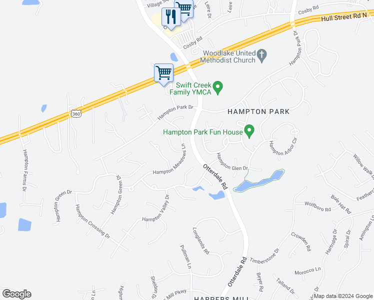 map of restaurants, bars, coffee shops, grocery stores, and more near 7861 Hampton Meadows Lane in Chesterfield