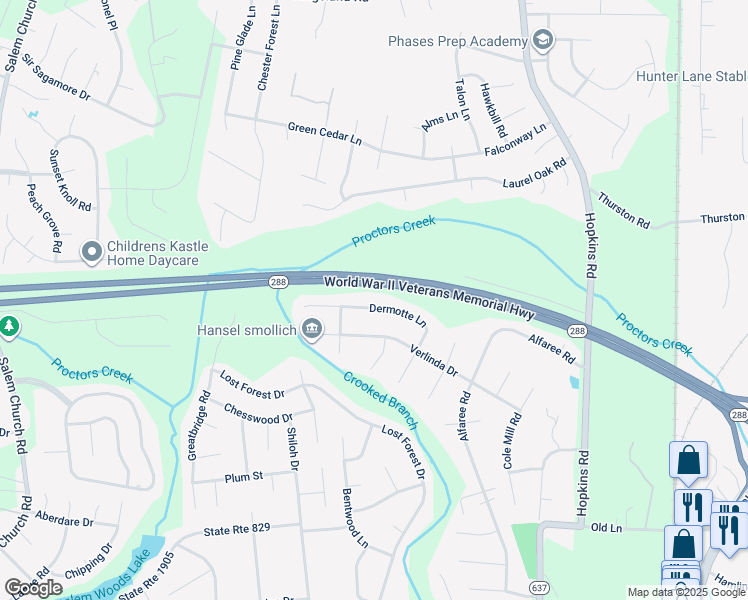 map of restaurants, bars, coffee shops, grocery stores, and more near 5212 Dermotte Lane in Richmond