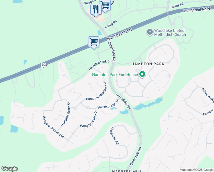 map of restaurants, bars, coffee shops, grocery stores, and more near 7861 Hampton Meadows Lane in Chesterfield
