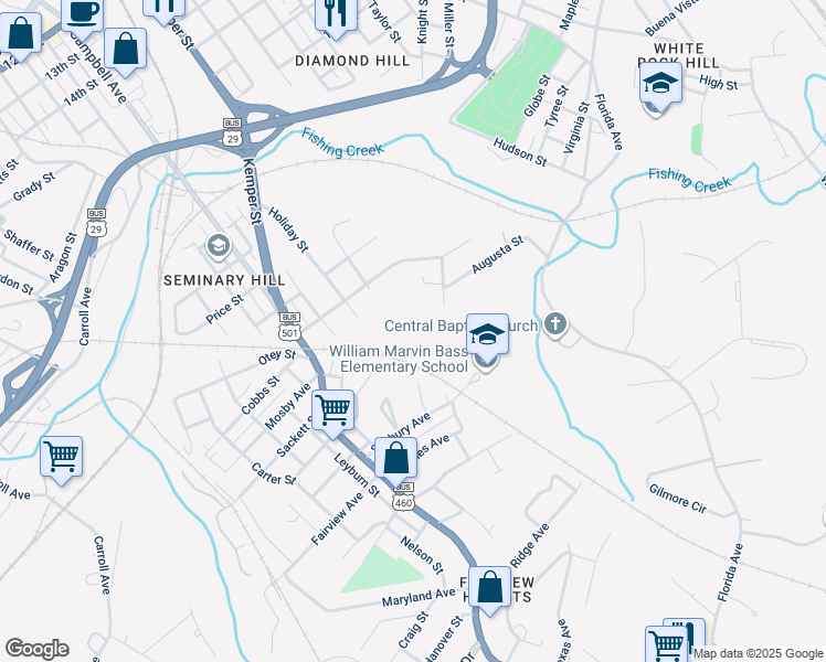 map of restaurants, bars, coffee shops, grocery stores, and more near 1700 Roberts Street in Lynchburg