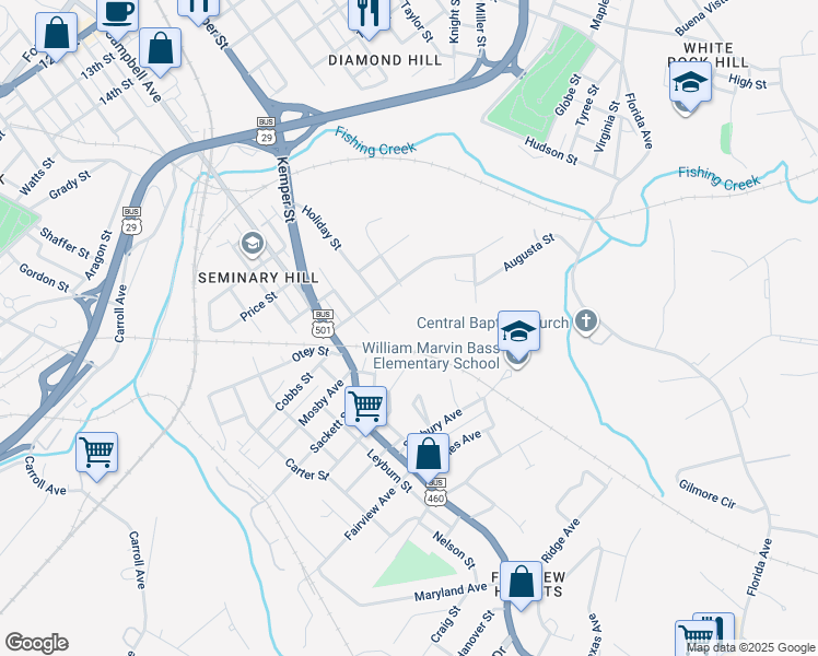 map of restaurants, bars, coffee shops, grocery stores, and more near 2604 Holiday Street in Lynchburg