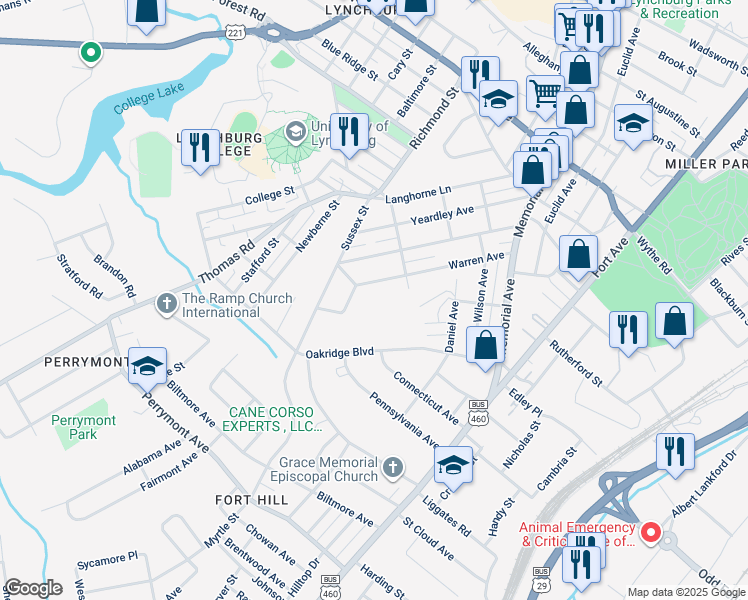 map of restaurants, bars, coffee shops, grocery stores, and more near 430 Bennett Avenue in Lynchburg