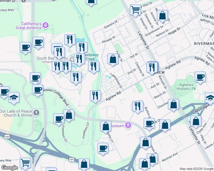 map of restaurants, bars, coffee shops, grocery stores, and more near 2376 Shoreside Court in Santa Clara