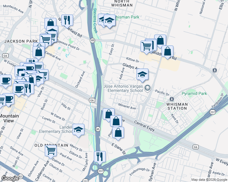 map of restaurants, bars, coffee shops, grocery stores, and more near 118 Savannah Loop in Mountain View