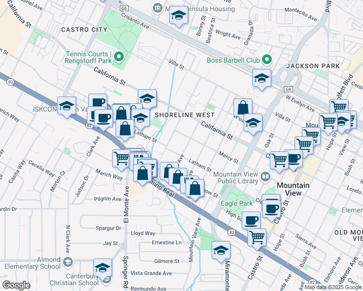 map of restaurants, bars, coffee shops, grocery stores, and more near 1631 Mercy Street in Mountain View