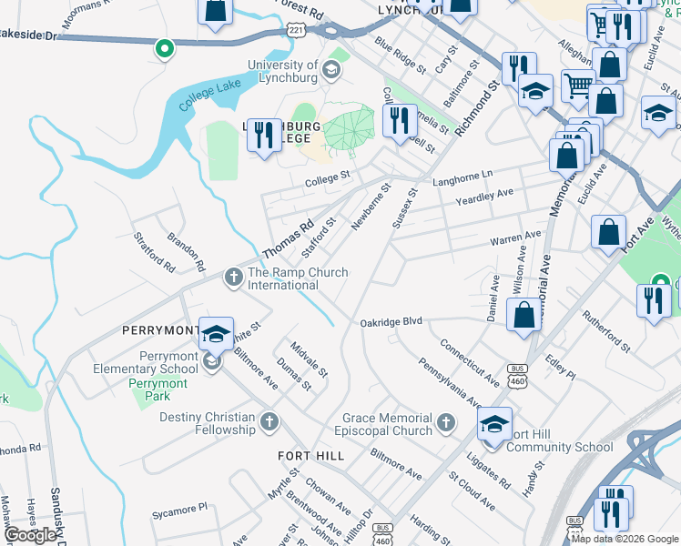 map of restaurants, bars, coffee shops, grocery stores, and more near 601 Newberne Street in Lynchburg