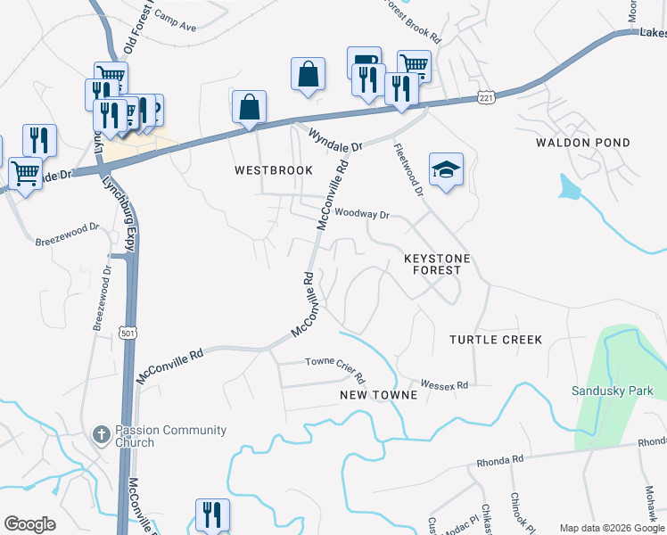map of restaurants, bars, coffee shops, grocery stores, and more near 409 Kerry Lane in Lynchburg