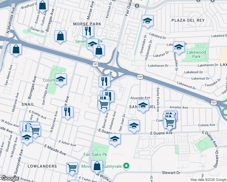 map of restaurants, bars, coffee shops, grocery stores, and more near 604 Arcadia Terrace in Sunnyvale