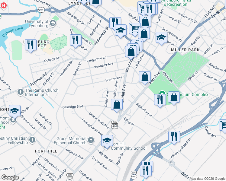map of restaurants, bars, coffee shops, grocery stores, and more near 3321 Wilson Avenue in Lynchburg