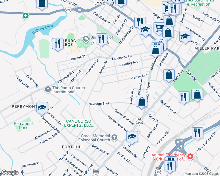 map of restaurants, bars, coffee shops, grocery stores, and more near 426 Bennett Avenue in Lynchburg