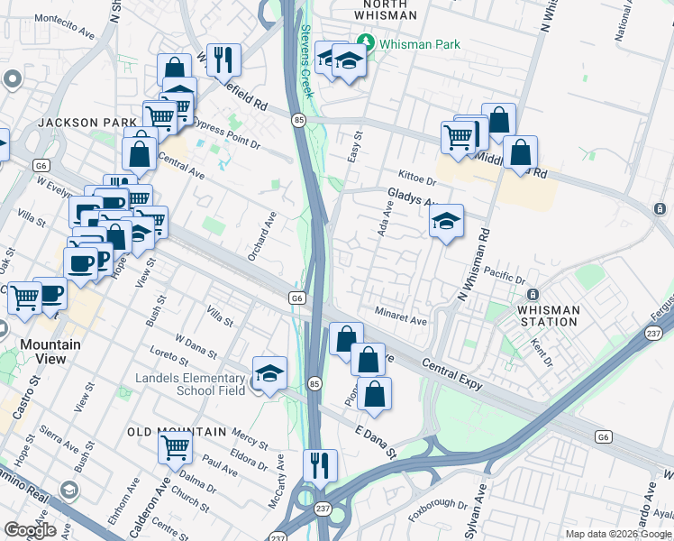 map of restaurants, bars, coffee shops, grocery stores, and more near 119 Easy Street in Mountain View
