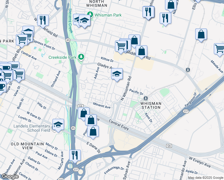 map of restaurants, bars, coffee shops, grocery stores, and more near 100 North Whisman Road in Mountain View