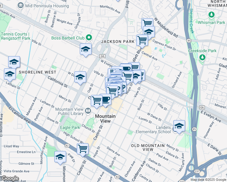 map of restaurants, bars, coffee shops, grocery stores, and more near 243 Bryant Street in Mountain View